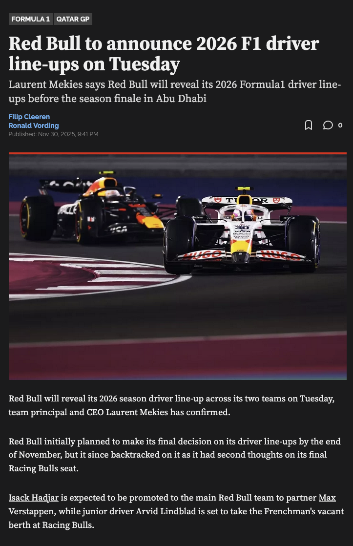 Red Bull to announce 2026 F1 driver line-ups on Tuesday 