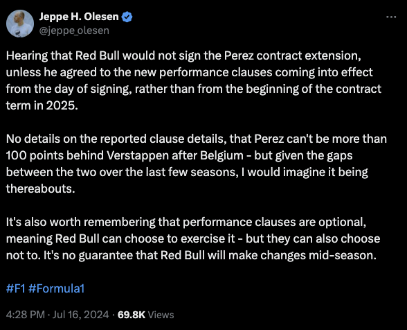 Red Bull would not sign Perez's contract extension without him agreeing to new performance clauses kicking in from the date of signing