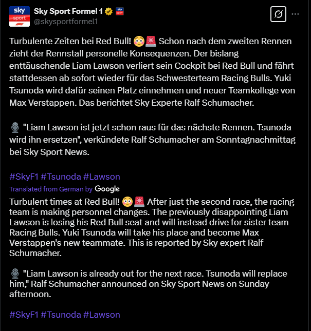 Yuki Tsunoda to replace Liam Lawson at Red Bull Racing for the Japanese Grand Prix