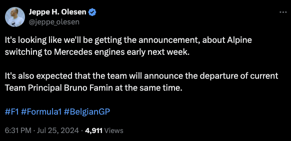 Alpine will announce their switch to Mercedes engines in late July