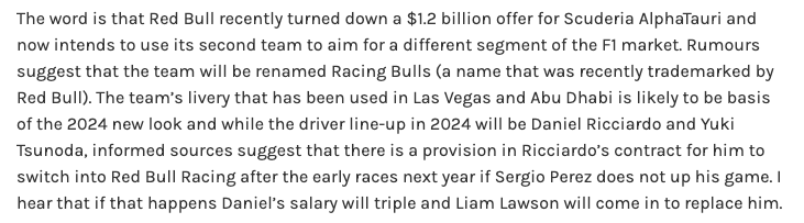 Daniel Ricciardo has a contract provision, that could see him replace Perez in early 2024