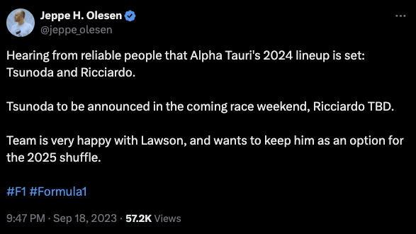 Tsunoda and Ricciardo will race for Alpha Tauri in 2024