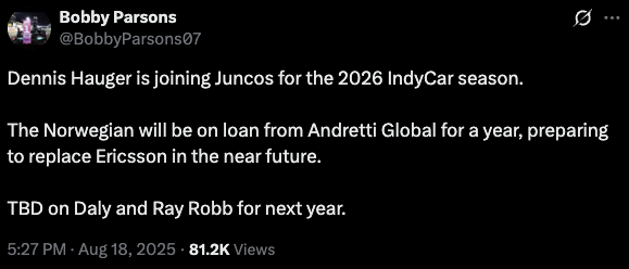 Dennis Hauger will join Juncos for the 2026 IndyCar season