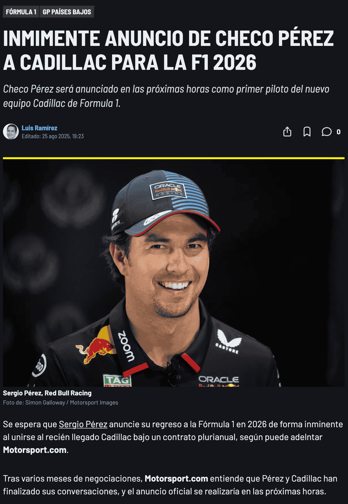 Sergio Perez is expected to announce his return to F1 imminently by joining Cadillac on a multi-year contract. 