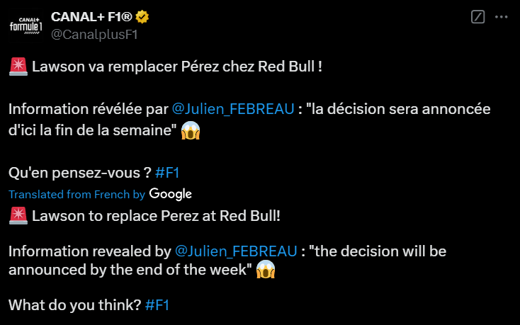 Liam Lawson will replace Sergio Perez at Red Bull next year