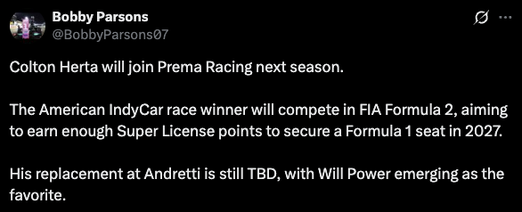 Colton Herta will join Prema in Formula 2 for 2026