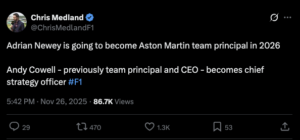 Adrian Newey will become Aston Martin's TP in 2026