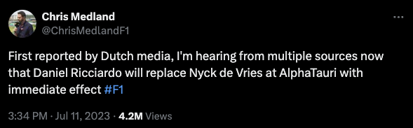 Daniel Ricciardo will replace Nyck de Vries at Alpha Tauri