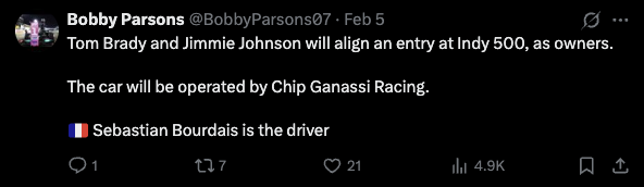 Tom Brady and Jimmie Johnson will field a Indy 500 entry, driven by Sebastian Bourdais