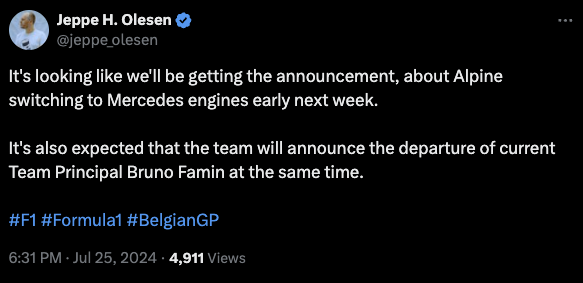 Alpine will announce the departure of TP Bruno Famin in late July