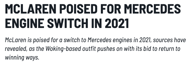 McLaren will switch to Mercedes engines from 2021