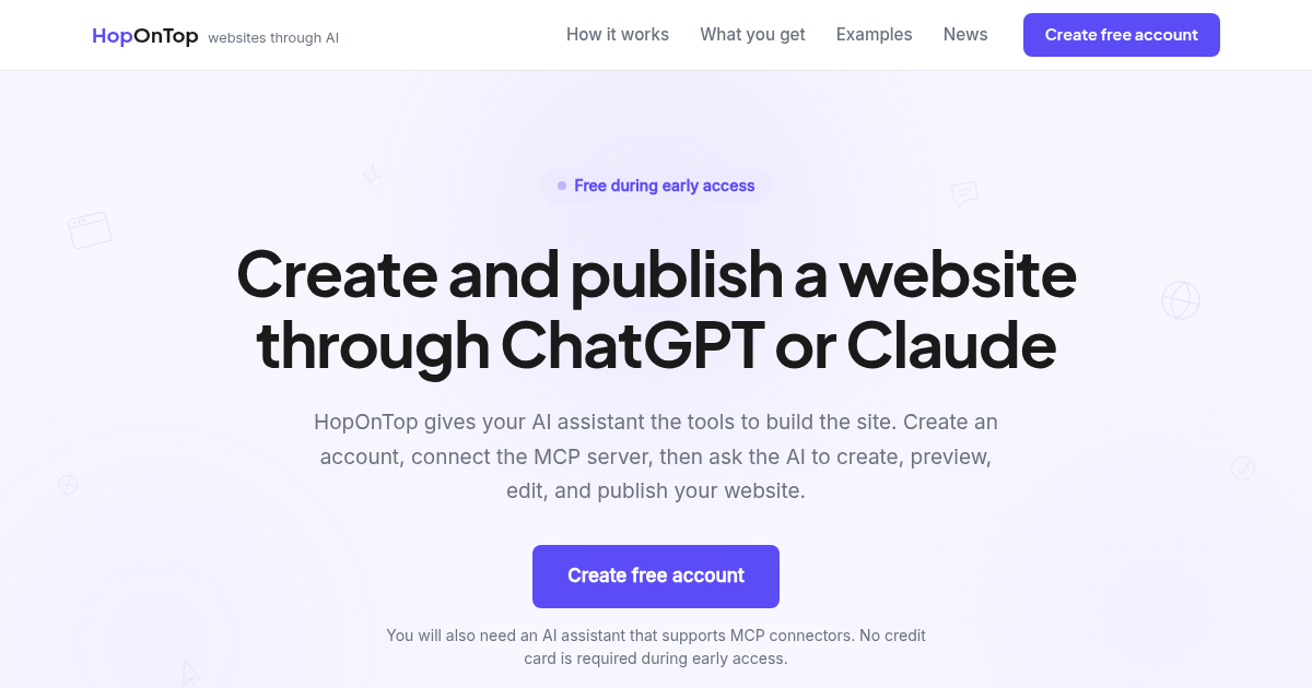 The current HopOnTop landing page, built with HopOnTop