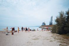 Balchik's main beach next to the port, where traces of its industrial role remain.