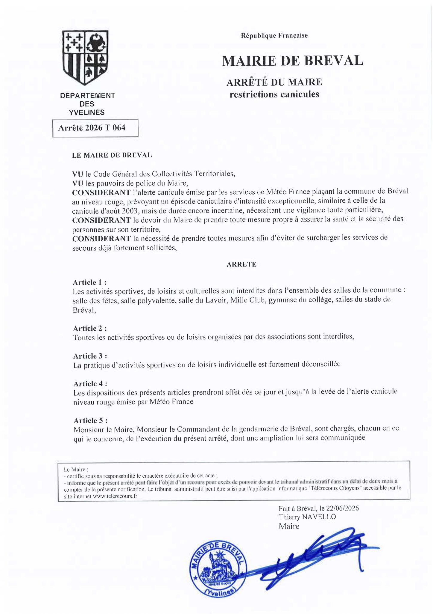 Arrêté de restriction - Canicule