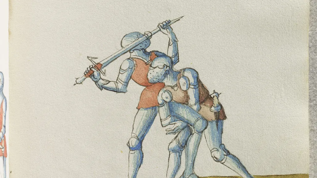 Dessin représentant deux hommes en armure se battant au corps à corps. 