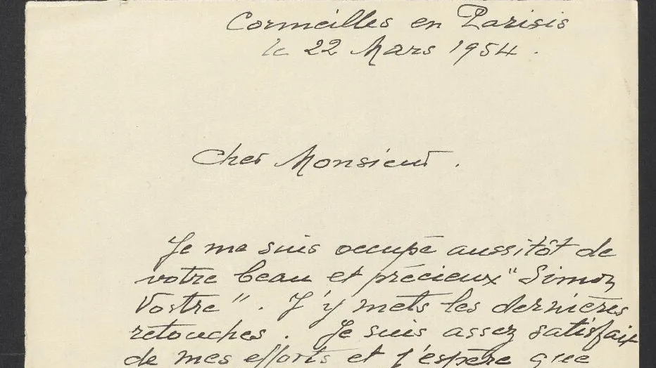 Lettre manuscrite datée du 22 mars 1954 et signée "G. Vignat". Photographie de face.
