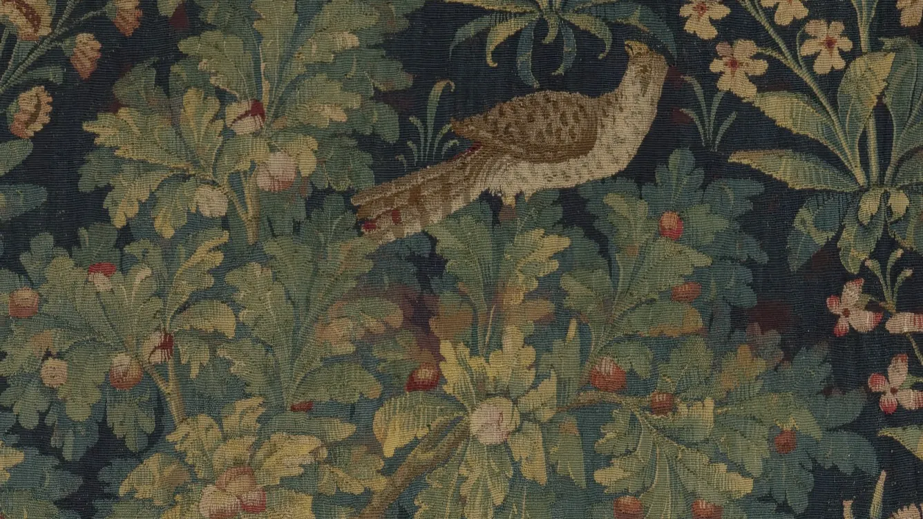 Détail d'une tapisserie représentant deux oiseaux dans un décor végétal. Vue de face.