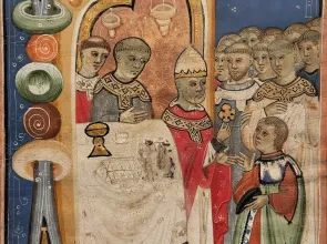 Illumination depicting a pope offering a golden rose to a kneeling man before him. Front view.