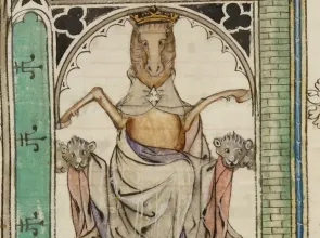 Enluminure d'un âne ou cheval assis sur un trône accompagné de deux animaux. La scène se déroule dans un décor architecturé. 