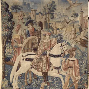 Tapisserie représentant des cavaliers avec des faucons partant pour la chasse. Vue de face.