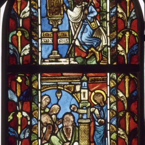 Stained glass window, predominantly red, depicting two historical scenes framed by vegetal décor. Front view.