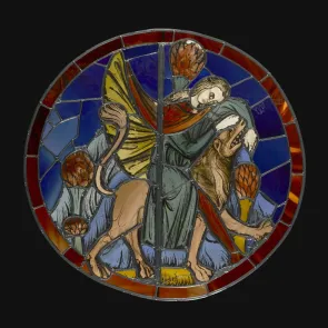 Vitral redondo con borde rojo y fondo azul. En primer plano, un hombre está montado sobre un león.