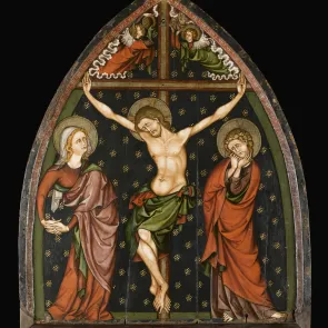 Panneau en bois peint : Christ crucifié entre la Vierge, saint Jean et deux anges. Vue de face.