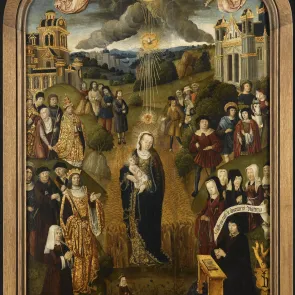 Peinture représentant une Vierge à l’Enfant debout devant un champ de blé, entourée de personnages. Vue de face.