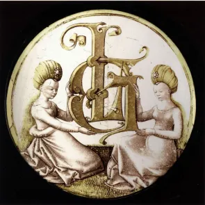 Round yellow and gray stained glass window depicting two women holding the initials L and G. Front view on a black background.