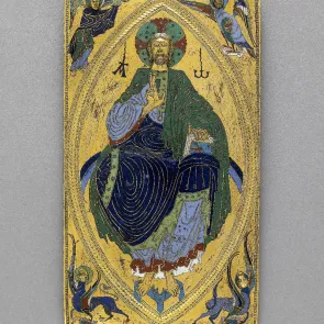 Enamel and engraved metal plaque: Christ in Majesty surrounded by an angel and winged animals. Front view.