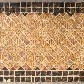 Panel of bicolored pavement tiles featuring a royal heraldic pattern. Front photograph.