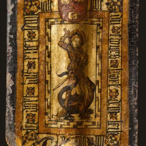 Painted wooden piece: nimbate man fighting a dragon, coat of arms above, framed by an inscription. Front view.
