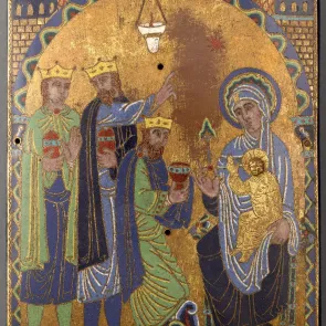Enamel copper plaque depicting a scene of the Adoration of the Magi. Front view.