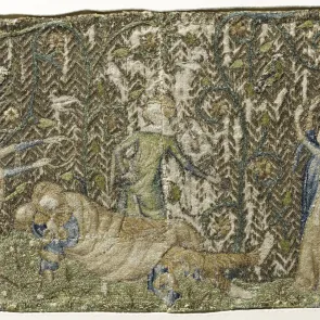 Embroidered fabric depicting a recumbent figure on the ground, surrounded by three women. Front view.