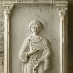 Plaque de marbre sculptée en bas-relief représentant saint Pantaléon en pied, tenant une tablette et un pinceau. Vue de face.