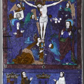 Placa de esmalte pintado: Crucifixión. Abajo, dos hombres arrodillados y los escudos de armas de Francia y Anjou. Vista frontal.