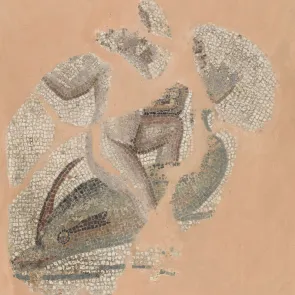 Mosaïque fragmentaire représentant un personnage chevauchant sur un dauphin. Vue de face.