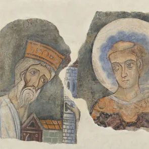 Deux fragments d'une fresque représentant un homme couronné qui offre un petit bâtiment à un homme auréolé. Vue de face.
