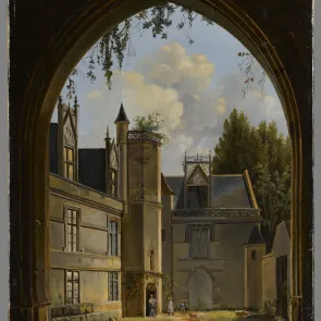 Painted landscape featuring Gothic architectural decor preceded by a grassy courtyard. In the foreground, a rounded arch is visible in silhouette.