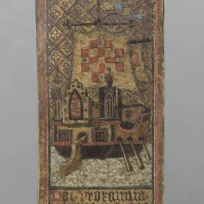 Playing card on parchment depicting a ship. A Latin quotation is written at the bottom of the card. Front photograph.