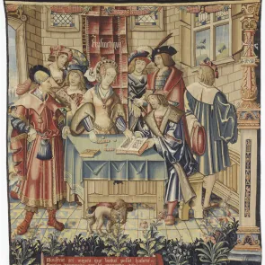 Tapestry depicting a woman counting tokens, surrounded by eight men. Front view.