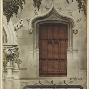 Color drawing depicting the pedestrian gate of the Hôtel de Cluny and ironwork elements. Front view.