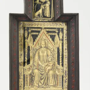 Object composed of two engraved glass plaques. The lower register depicts the Virgin and Child. The upper register features a small plaque with a young girl and a unicorn.