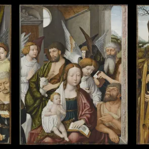 Trois panneaux de bois peint représentant la Vierge à l’Enfant entourée d’anges et de musiciens. Vue de face.