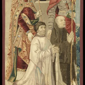Tapestry depicting a bishop and three men in prayer, seen in a three-quarter view.