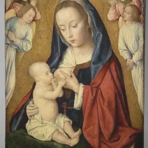 Painted artwork depicting the Virgin Mary nursing the Infant Jesus, surrounded by angels. Front view.