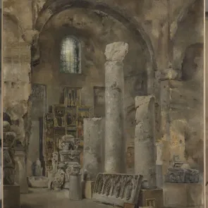 Painting depicting the interior of an ancient hall featuring stone sculptures and a large altarpiece. Front view.