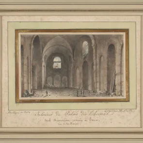 Rectangular watercolor in landscape format depicting the frigidarium of the Gallo-Roman baths. Front view photography.