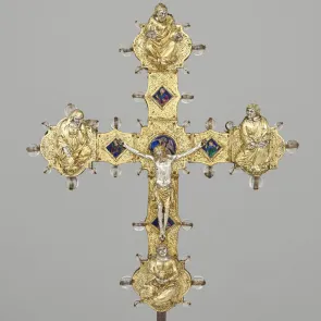 Gilded metal cross depicting Christ, the Virgin, Saint John, Saint Mary Magdalene, and Saint Peter. Front view.