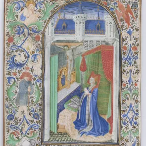 Illuminated leaf depicting a woman in prayer, surrounded by a vegetal décor inhabited by figures. Front view.